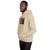 Cream unisex hoodie with front graphic patch, side view