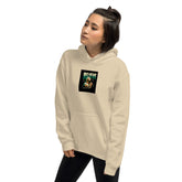 Light cream unisex hoodie front view with hood, drawcords, and chest graphic