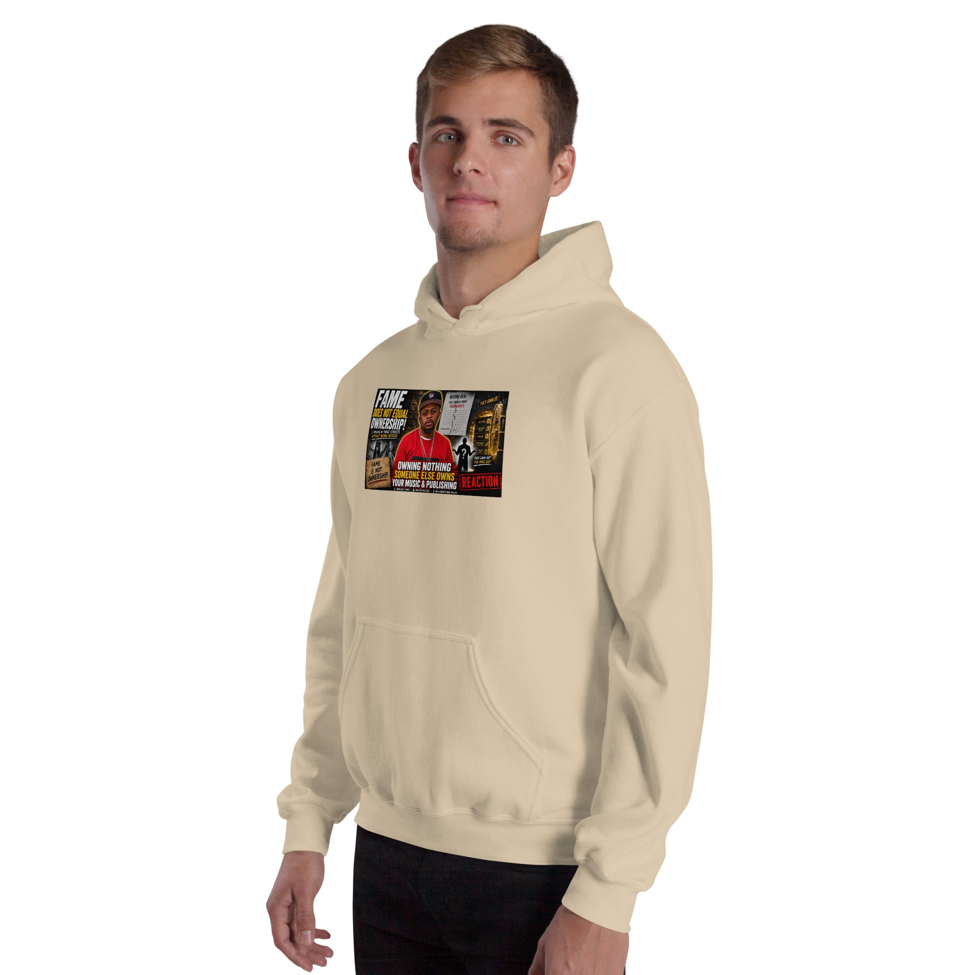Cream unisex hoodie with chest graphic print and kangaroo pocket