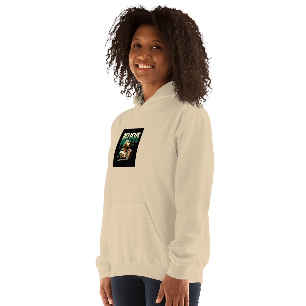Cream pullover hoodie sweatshirt, front three-quarter view with chest graphic.
