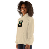 Cream pullover hoodie sweatshirt, front three-quarter view with chest graphic.