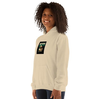 Cream pullover hoodie sweatshirt, front three-quarter view with chest graphic.