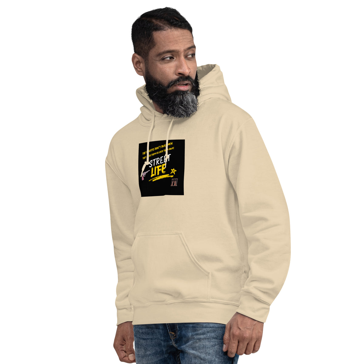 Beige pullover hoodie with front graphic patch and kangaroo pocket