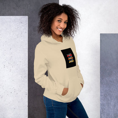 Light cream unisex hoodie front view with hood and black chest graphic