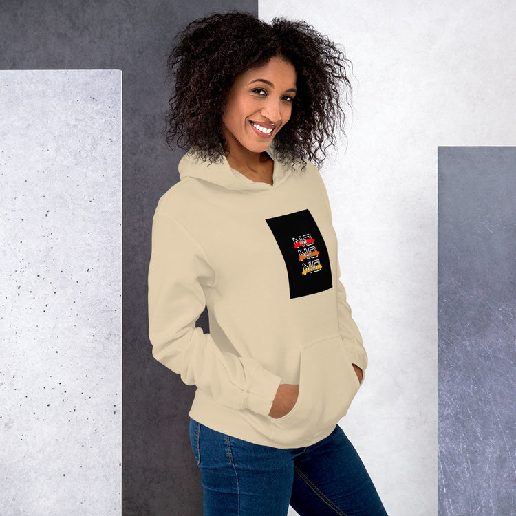 Unisex hoodie in off-white with hood and kangaroo pocket, graphic chest patch detail.
