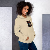 Unisex cream hoodie with front chest graphic print and kangaroo pocket.