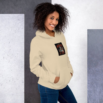 Cream unisex hoodie with hood, kangaroo pocket, and front graphic print