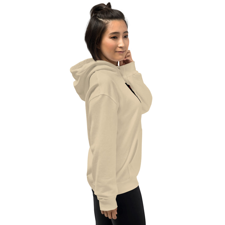 Unisex hoodie in light beige, front-side view with hood up and chest graphic