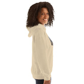 Light beige unisex hoodie, side view with hood and pouch pocket.