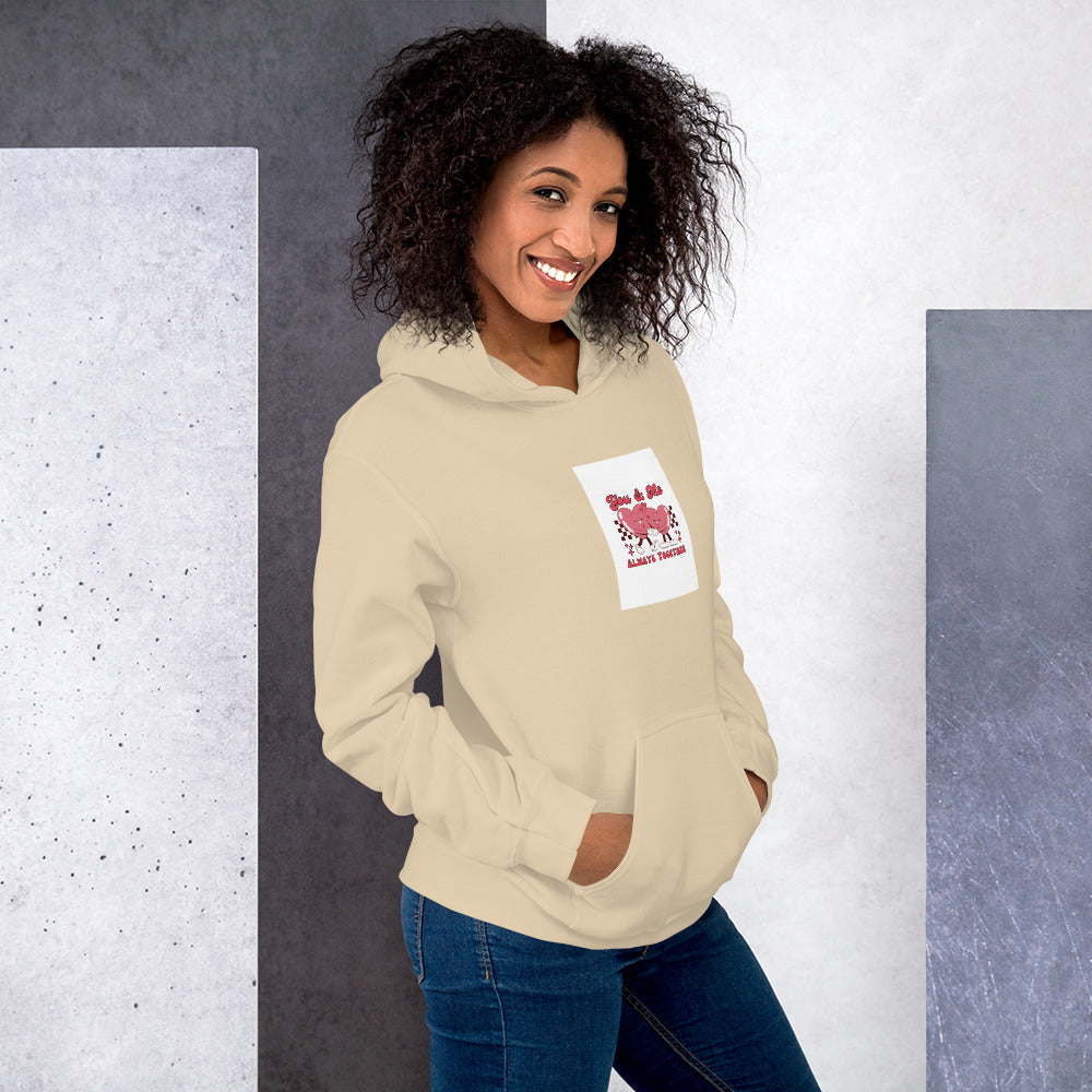 Unisex cream hoodie with hood, kangaroo pocket, and front chest graphic