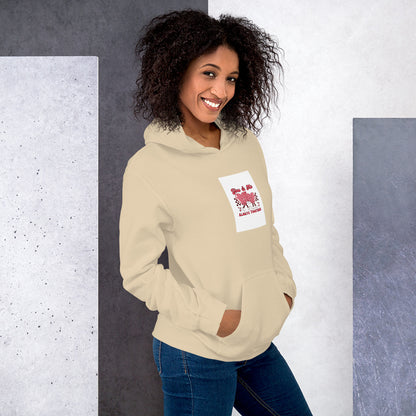 Unisex cream hoodie with hood, kangaroo pocket, and front chest graphic