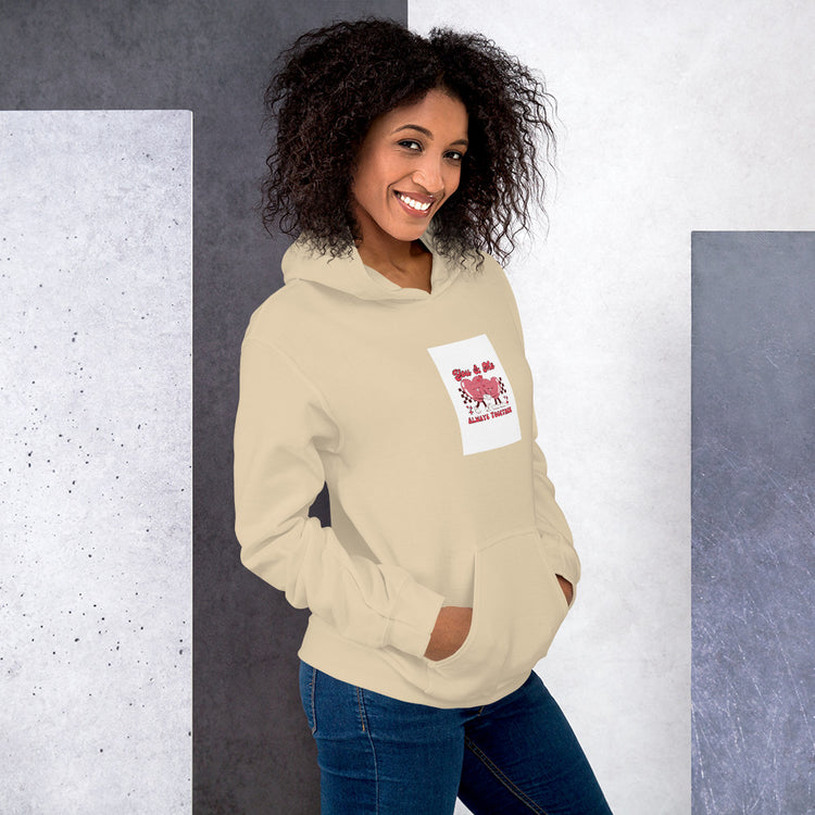 Cream unisex hoodie with hood, front pouch pocket, and rectangular chest graphic.