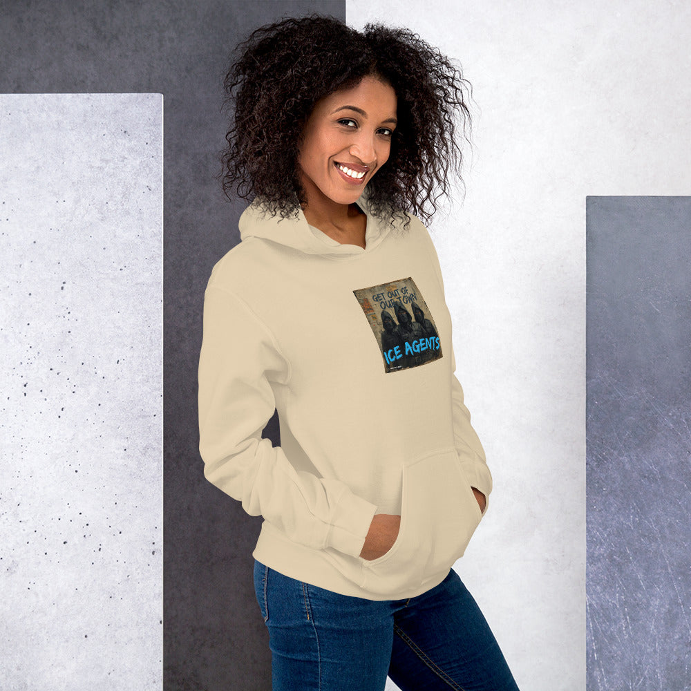 Cream/off-white unisex hoodie with front hood, pouch pocket, and chest logo graphic