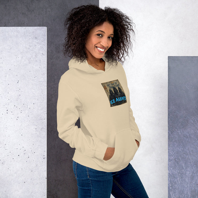 Cream/off-white unisex hoodie with front hood, pouch pocket, and chest logo graphic