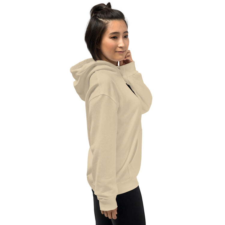 Light cream unisex hoodie back/side view with hood and pouch pocket