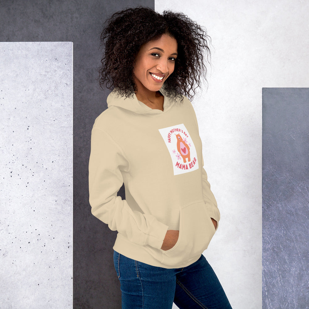 Cream unisex hoodie, front MAMA BEAR graphic, hood and kangaroo pocket