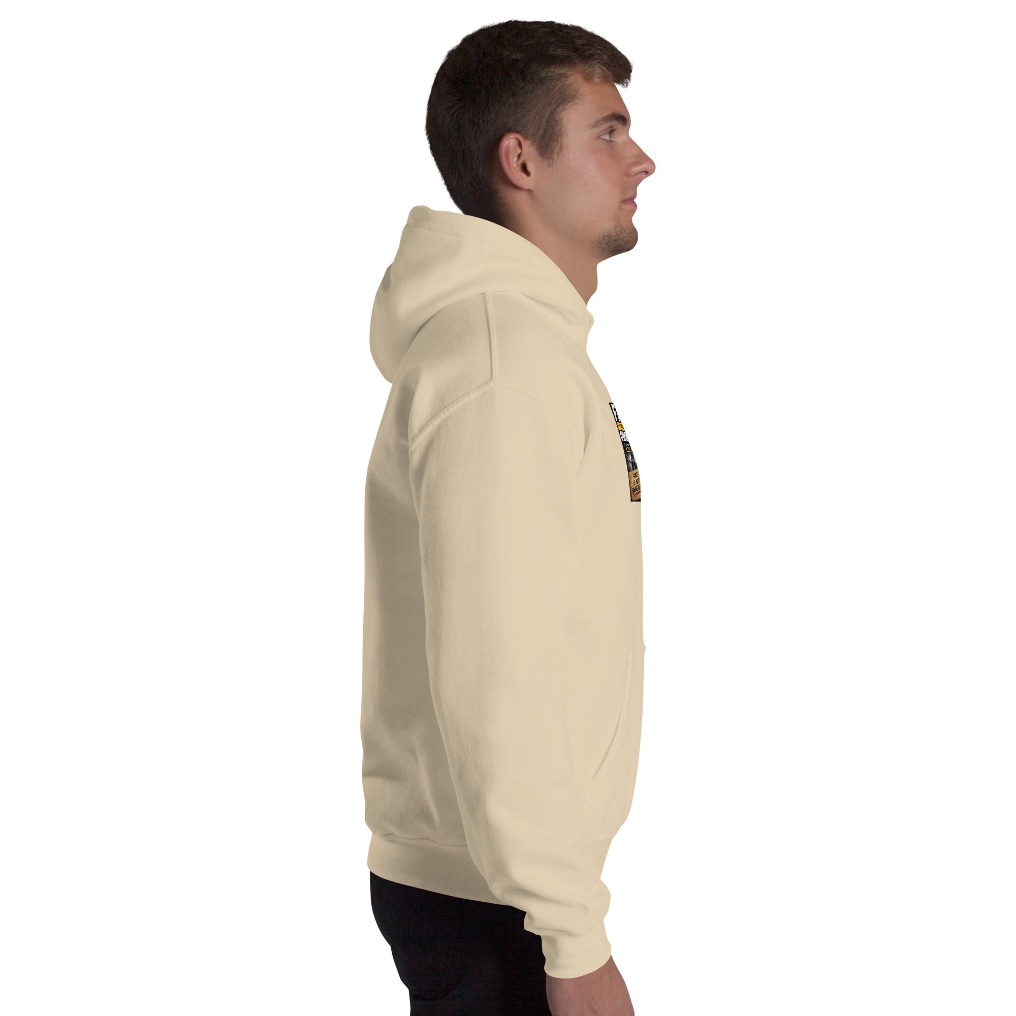 Cream unisex hoodie, side view showing hood and long sleeves