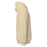 Sand unisex pullover hoodie side profile with drawstring hood and kangaroo pocket.