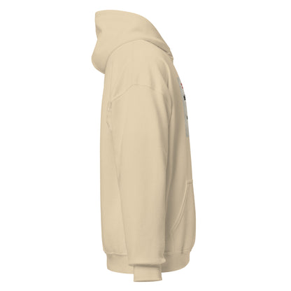 Sand unisex pullover hoodie side profile with drawstring hood and kangaroo pocket.