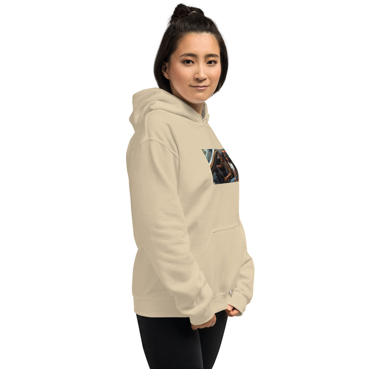 Sand unisex pullover hoodie with hood, front pocket, and chest graphic.