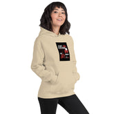 Unisex beige hoodie with hood and centered front chest graphic, kangaroo pocket