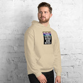 Unisex cream pullover hoodie with front graphic; hood and pouch pocket.
