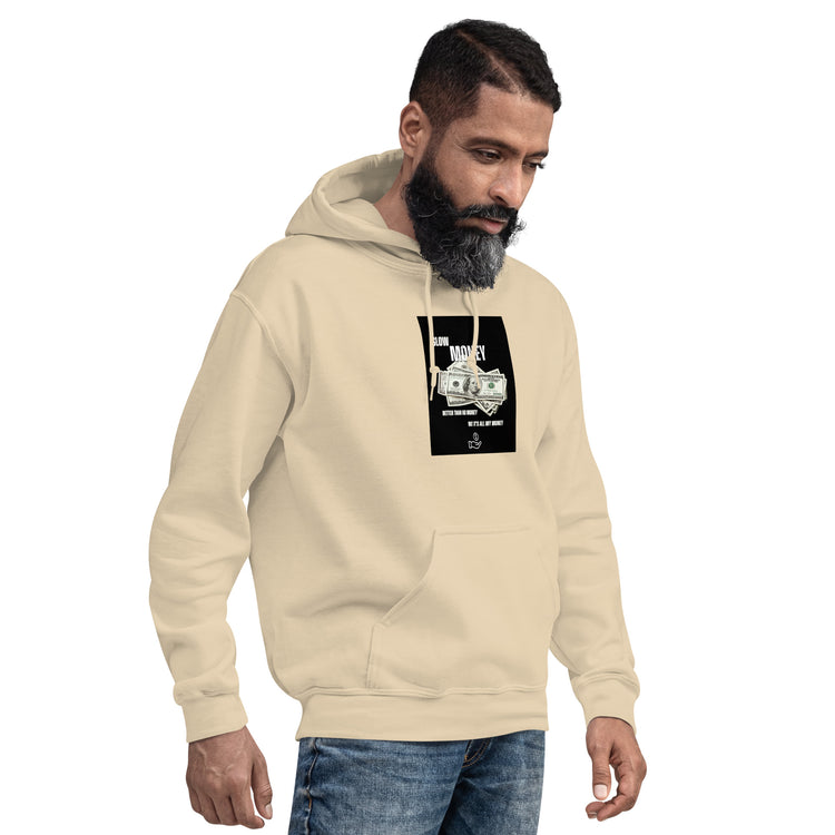 Beige hoodie with front graphic and kangaroo pocket, side view