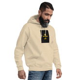 Unisex hoodie in light beige, front view with hood and kangaroo pocket