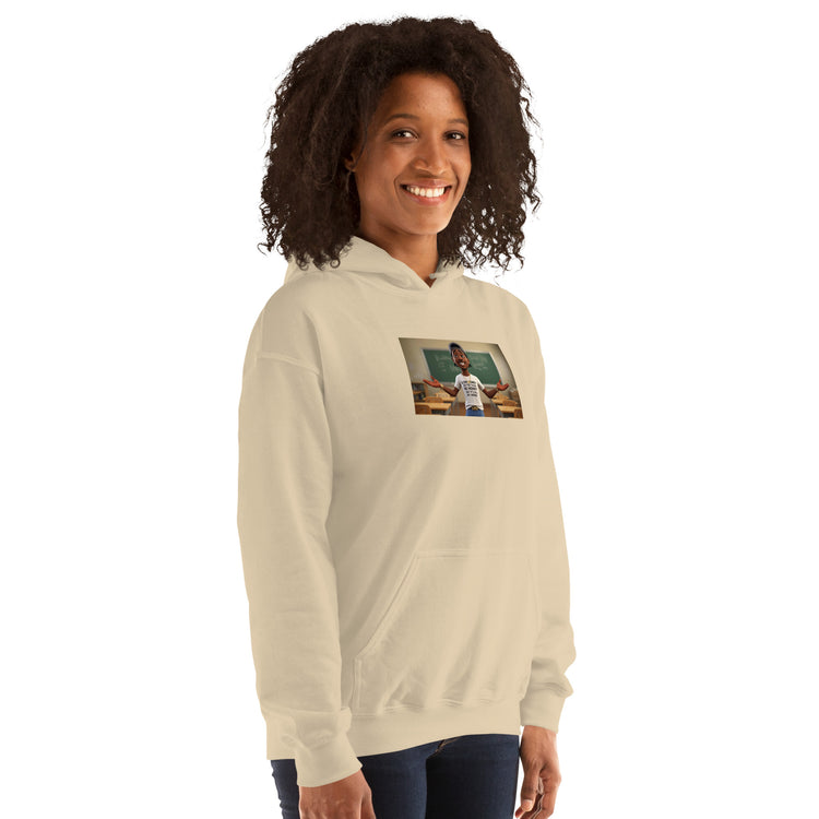 Light cream unisex hoodie with hood and front pouch, chest graphic print