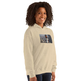 Light beige unisex hoodie with graphic chest photo print and hood.