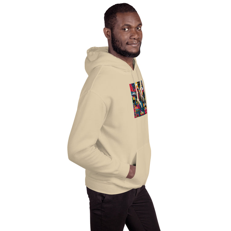 Cream unisex hoodie with colorful chest graphic and hood, side view