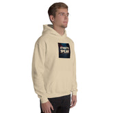 Unisex cream hoodie with front graphic patch, hooded sweatshirt
