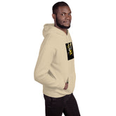 Beige unisex hoodie three-quarter view with hood and chest graphic