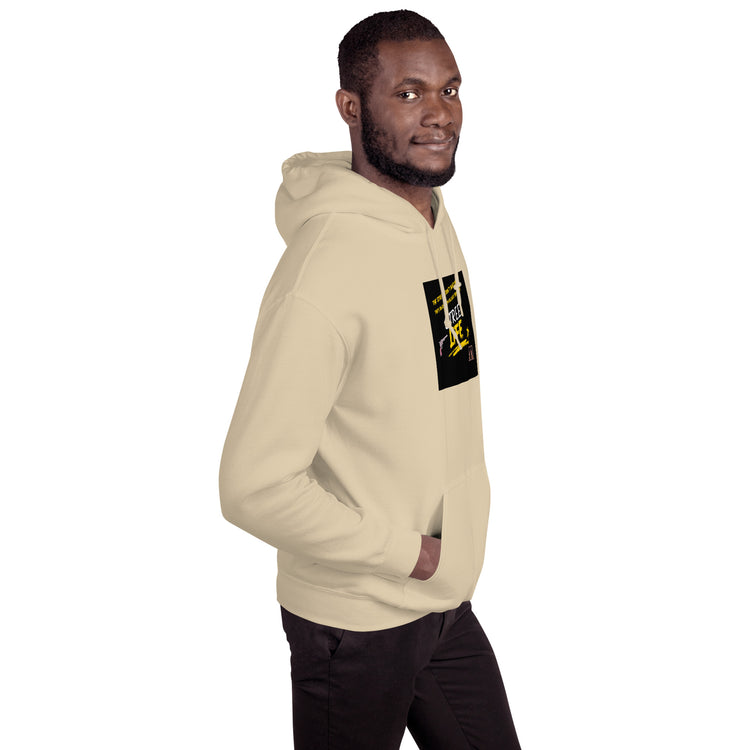 Beige unisex hoodie three-quarter view with hood and chest graphic