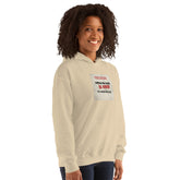 Light cream pullover hoodie with square chest graphic and kangaroo pocket