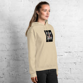Unisex beige pullover hoodie with black logo patch and drawstring hood