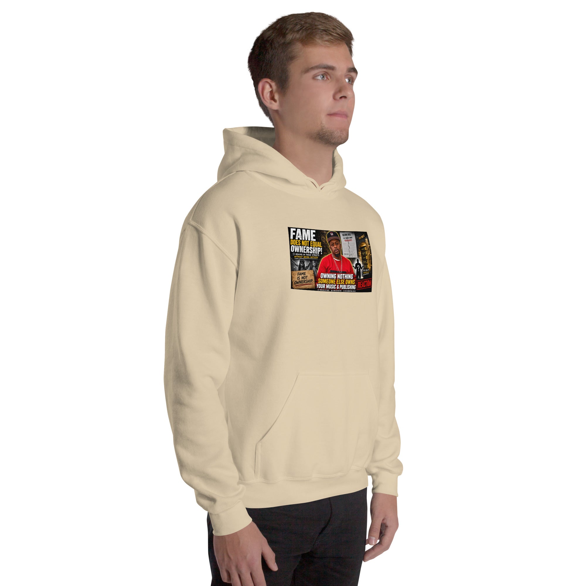 Cream unisex hoodie with front graphic print and pullover hood
