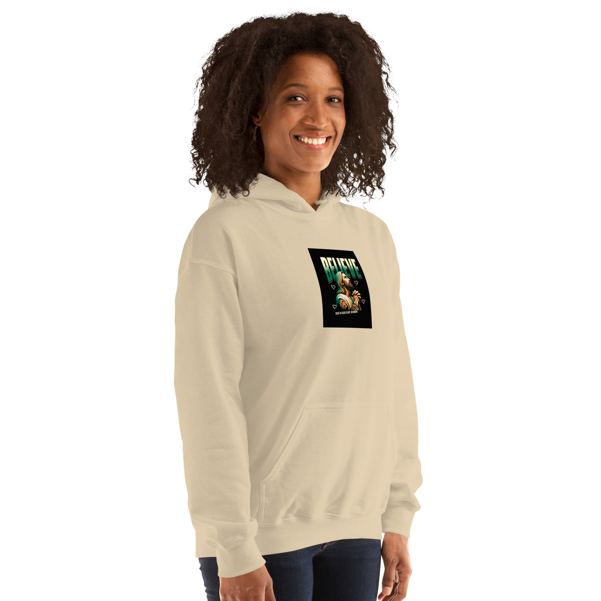 Cream pullover hoodie sweatshirt, front view with chest graphic and hood pocket.