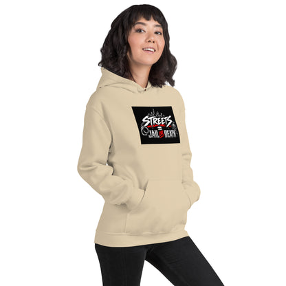 Beige unisex hoodie with hood and front pocket, chest graphic print centered, front view.