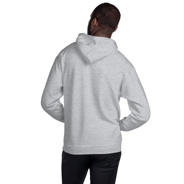 Light gray unisex pullover hoodie, back view with hood and ribbed cuffs