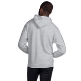 Unisex pullover hoodie in light gray, hooded front with kangaroo pocket, back view
