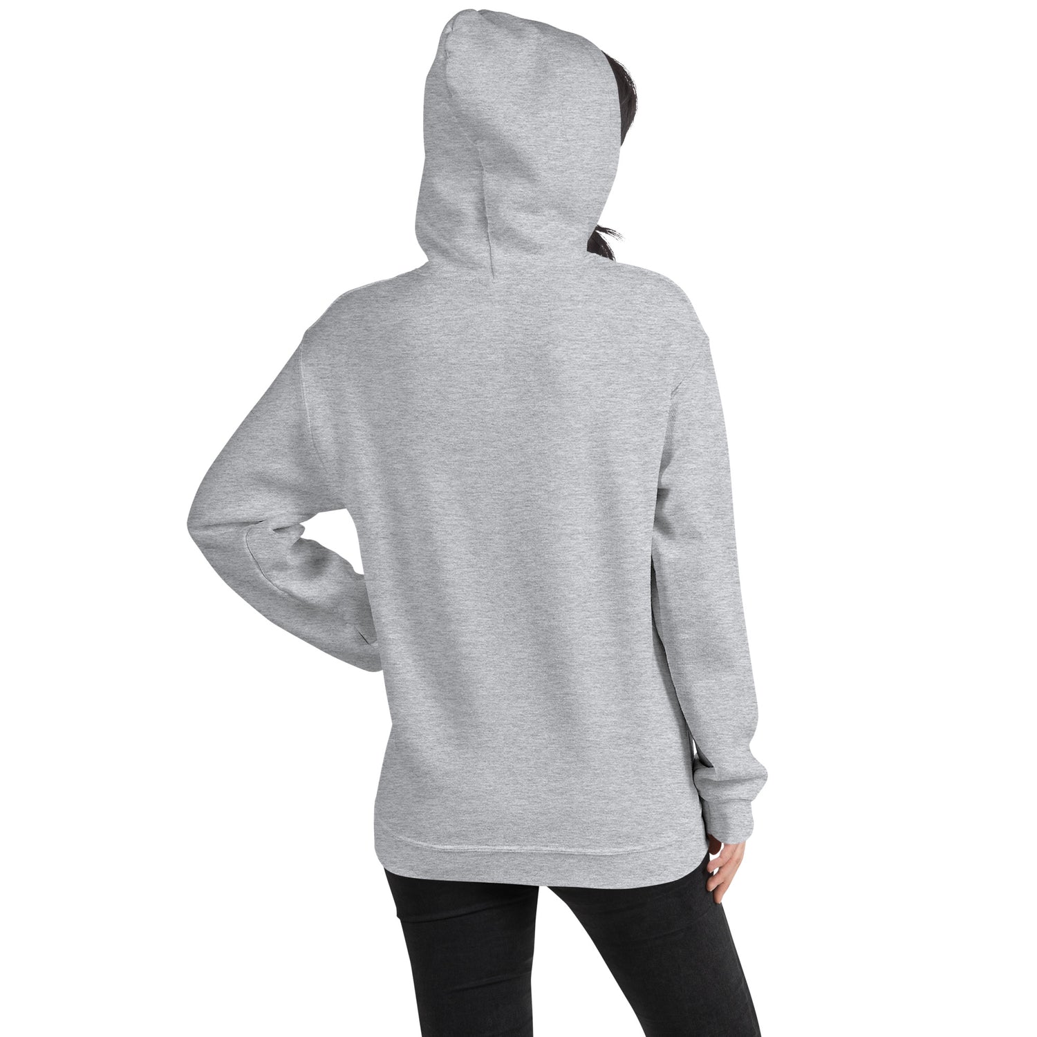 Unisex hoodie in light gray, back view with hood and kangaroo pocket, long sleeves