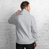 Light gray unisex hoodie back view with hood and long sleeves