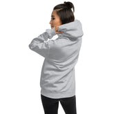 Sport grey unisex hoodie, back view with hood and kangaroo pocket.