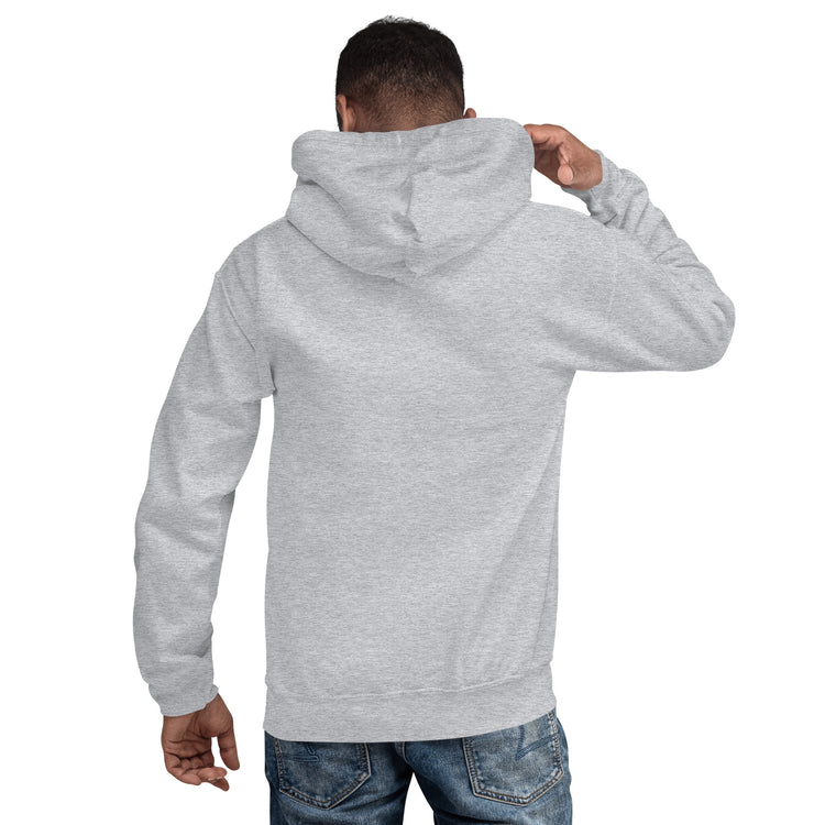 Unisex light gray hoodie back view with hood and kangaroo pocket