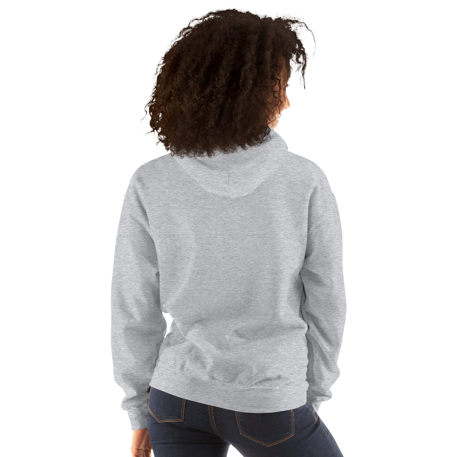 Unisex hoodie in dark heather gray, back view with hood and kangaroo pocket
