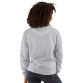 Unisex heather gray hoodie with hood and kangaroo front pocket, back view.
