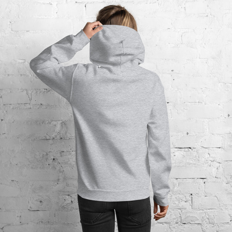 Light heather gray unisex hoodie with hood and front pouch pocket, long sleeves, back view