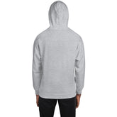 Unisex pullover hoodie in light gray, with hood and kangaroo pocket, back view