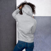 Unisex light gray hoodie, back view with hood and kangaroo pocket